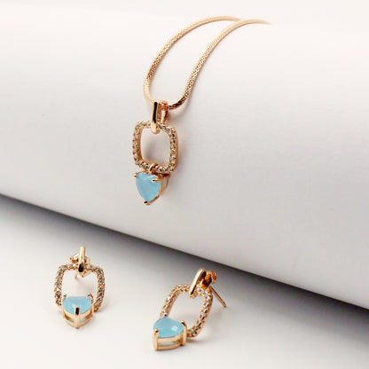 Rose Gold Square With Aqua Sone Heart Set