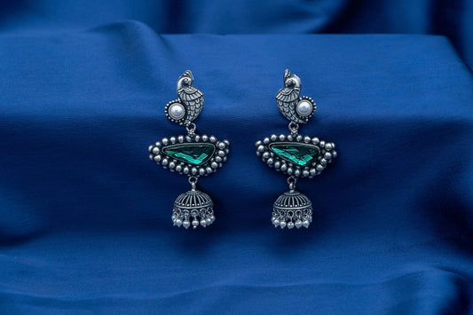 Peacock Charm Oxidized Jhumkas with Green Stine Inlay