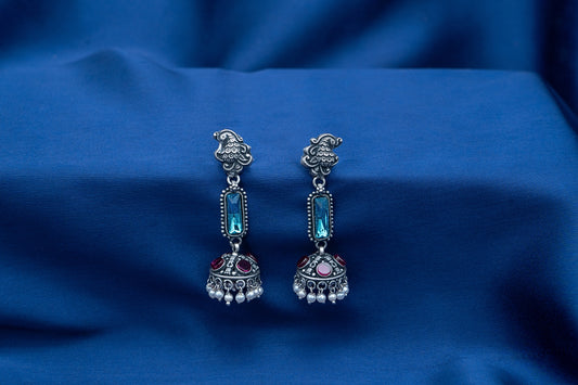 Blue Radiance Oxidized Silver Jhumkas With Gem Accents