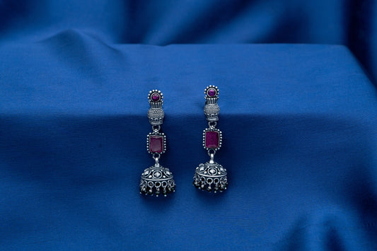 Royal Plum Oxidized jhumkas With Square Stone Drop