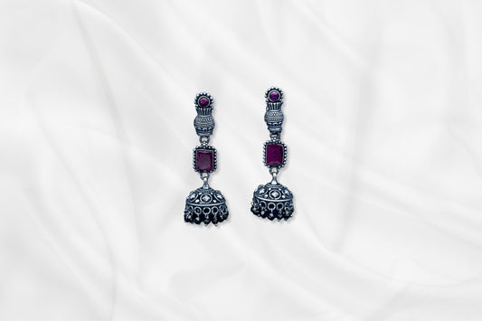 Royal Plum Oxidized jhumkas With Square Stone Drop