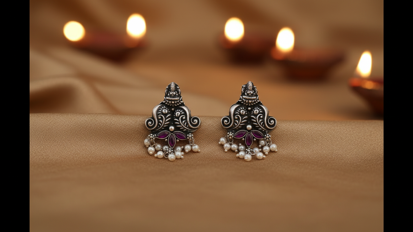 Antique Temple Earrings with Pearls And Ruby Stones