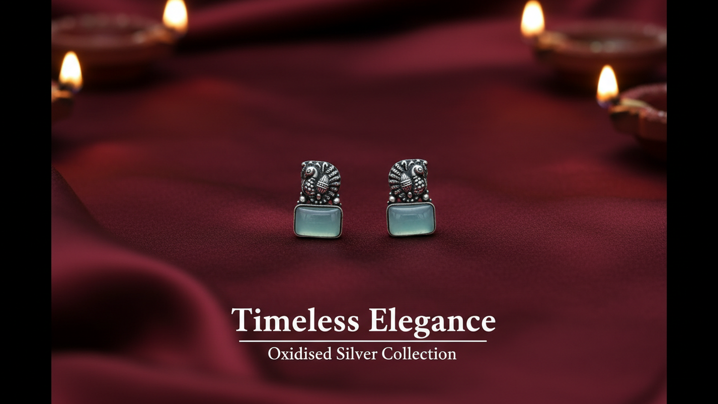 Peacock Aqua Stone Silver Stud Earrings for Women