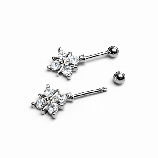 ORHU Jewel 925 Sterling Silver Flower Bugadi | Hallmarked Silver Nose/Ear Piercing Stud | Cubic Zirconia Floral Design Screw Back Cartilage Earring for Women & Girls