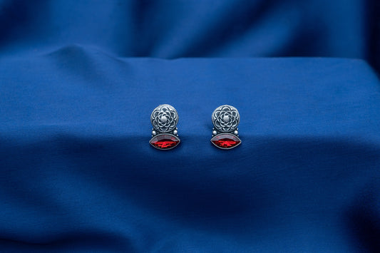 Floral Oxidized Silver Earrings with Red Stone